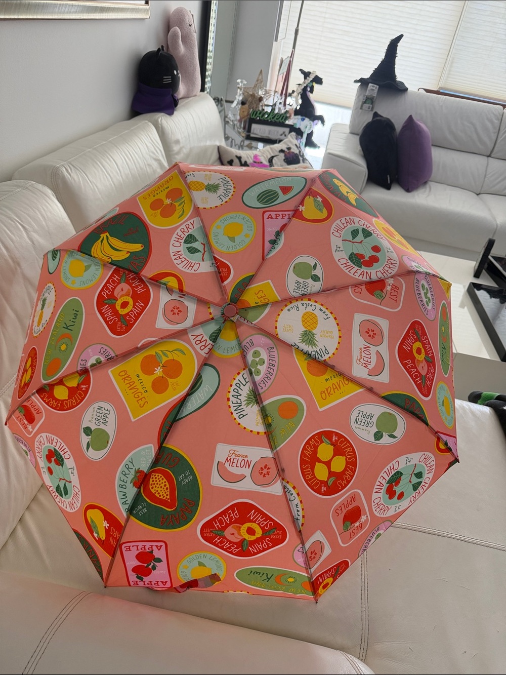 Weather Club Peach/Pink/Green Tropical Fruit Stamps Automatic Umbrella 43"